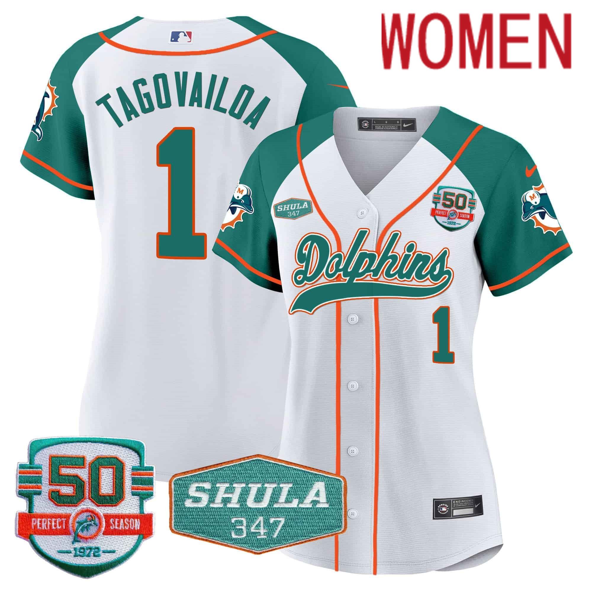 Women Miami Dolphins #1 Tagovailoa White 2024 Nike 50th Don Shula Memorial Patch Baseball NFL Jersey style 1->women nfl jersey->Women Jersey